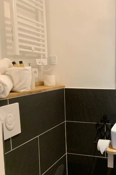 Serviettes et produits de bain de la salle de bain de la Chambre Confort solo à l'Hôtel Savel de Ruoms