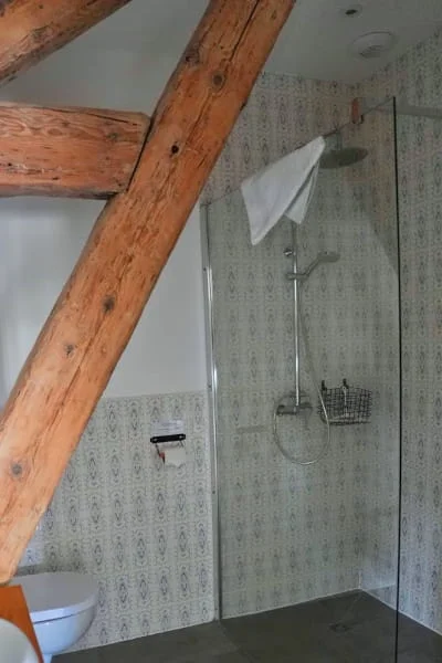Douche à l'italienne avec carrelage décoratif et poutres apparentes de la Suite Confort à l'Hôtel Savel Ruoms